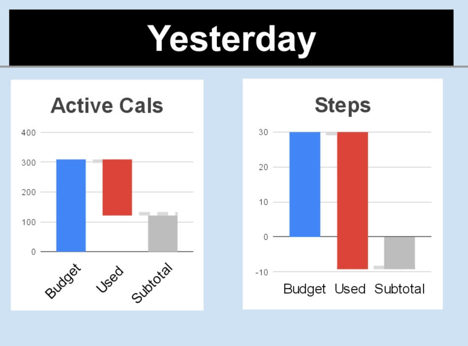 Heart Window dashboard, yesterday review section showing yesterday's pacing results based on active calories used compared to budget estimated. Today's PEM risk estimated from previous few days results.