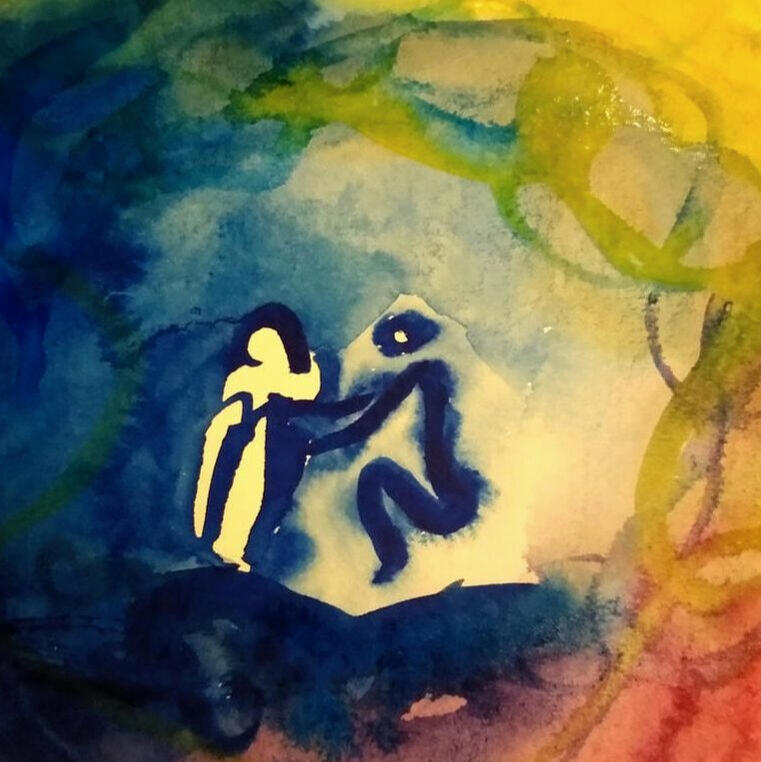 Abstract painting of person holding another person's hand with colours around them
